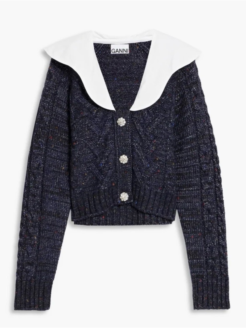 GANNI Sky Captain Crystal Button Cable Knit Cardigan Size S